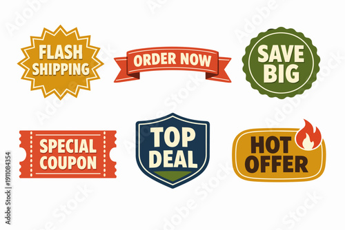 Advertising graphic elements marketing sales, saving money, and order now promotions