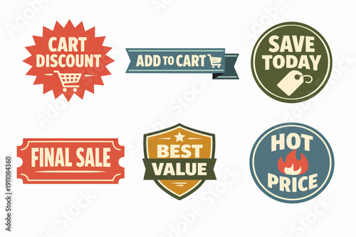 Collection of promotion and discount labels offering various shopping deals