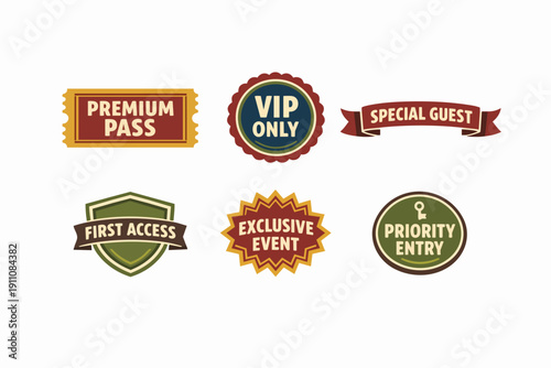 Vip access badges and premium pass flat vector icons set for exclusive events