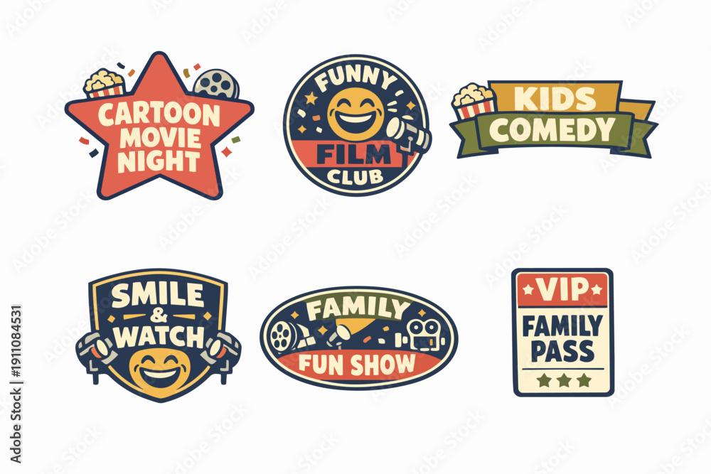 Obraz premium Collection of movie entertainment badges promoting family fun, cartoon nights, and film clubs
