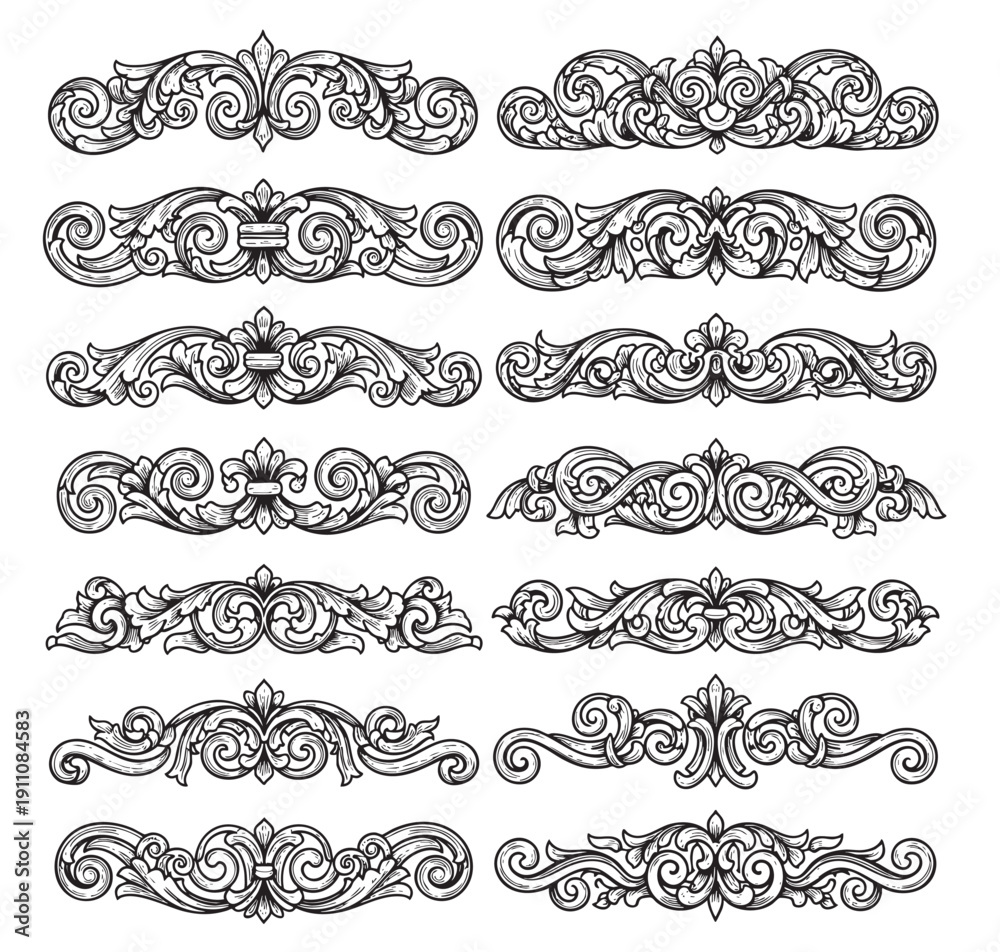 Fototapeta premium Hand drawn vintage page dividers with decorative floral swirls and scrolls.