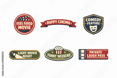 Cinema and movie night comedy badges and emblems for entertainment events