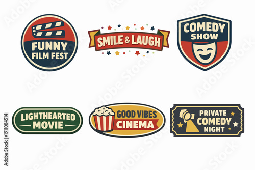 Set of comedy cinema and entertainment badges and logos for events