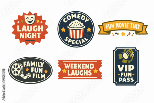 Collection of fun badges for cinema, film events, comedy shows, and vip fun passes