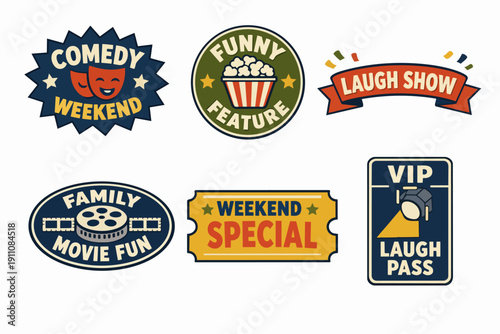 Movie night and comedy show event badges for cinema entertainment marketing