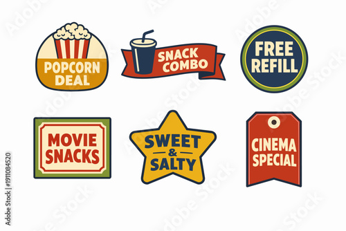 Cinema snacks and movie food offers labels set on white background