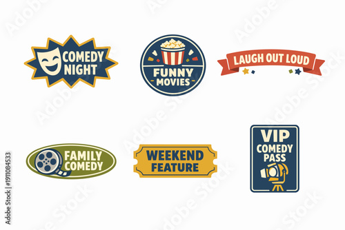 Comedy and movie event labels collection. Badges for entertainment and film promotion