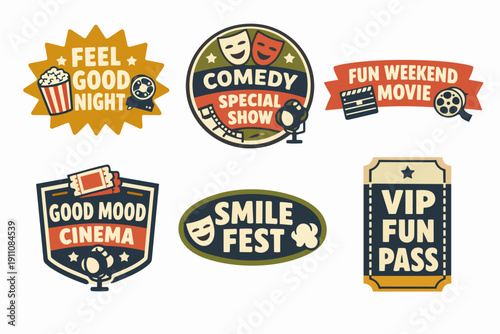 Labels for cinema and movie entertainment with popcorn, comedy masks, and film elements