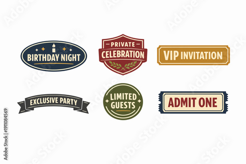 Vintage event labels and badges for birthday, private celebration, and vip invitation