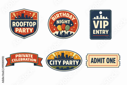 Collection of urban party and celebration event badges and tickets for nightlife