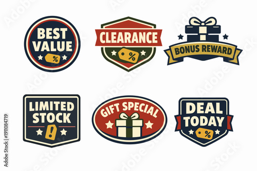 Collection of promotional badges for sales, discounts, and special offers