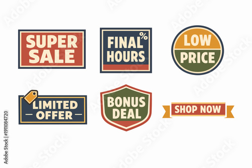 Retail promotion banners displaying sales and special discount labels in retro style