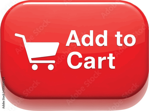 Highly visible glossy red rectangular button featuring white shopping cart icon and clear text indicating an essential action for online retail transactions and digital purchasing processes.
