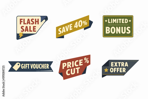 Retail marketing banners showing flash sale, discount, limited bonus, and gift voucher tags