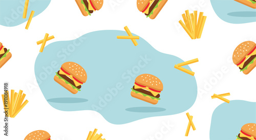 A delicious seamless pattern featuring cartoon hamburgers and golden french fries scattered on a light blue and white background.