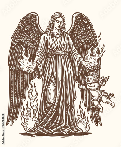 Angelic being with cherubs and flames. engraving illustration