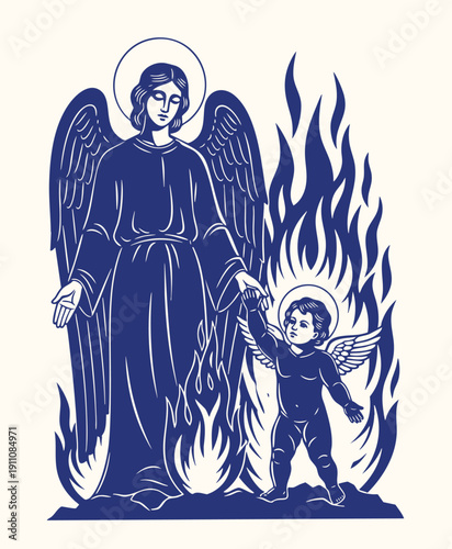 Angelic being with cherubs and flames. engraving illustration