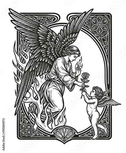 Angelic being with cherubs and flames. engraving illustration