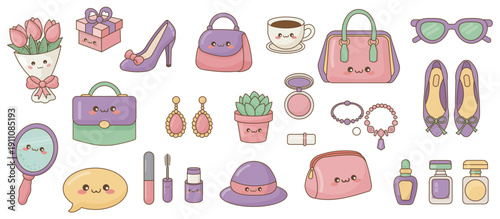 Cute Fashion and Beauty Accessories Kawaii Vector Elements