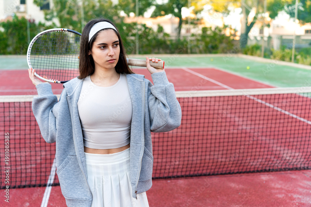 Obraz premium Woman player holding tennis racket standing on court