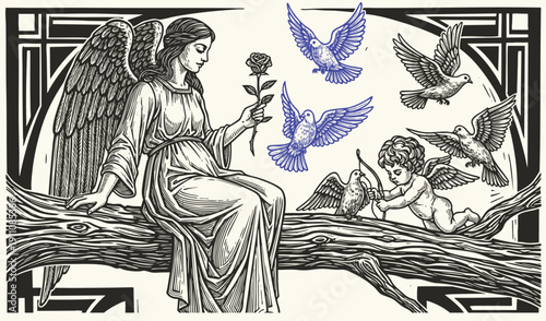 Female angel vintage drawing. engraving illustration