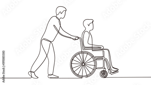 A continuous line drawing of a man assisting someone in a wheelchair
