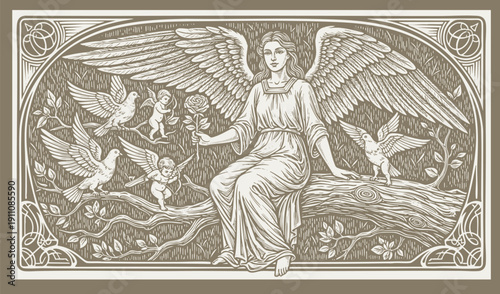 Female angel vintage drawing. engraving illustration