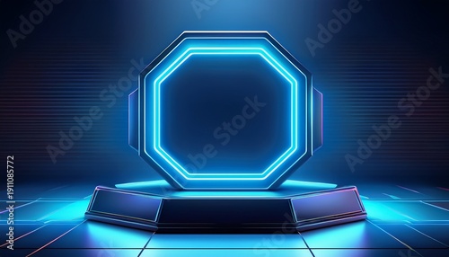 futuristic octagonal podium with neon frame dark blue cyberpunk abstract stage display gaming event showcase tech product presentation dynamic geometric background
