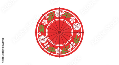 A top-down view of a red Japanese parasol with white and green floral patterns against a white background.