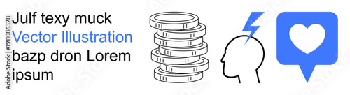 Finance, mental health, social media, emotional engagement, challenges, communication. Stack of coins, human head with a lightning bolt heart in speech bubble. Finance and mental health