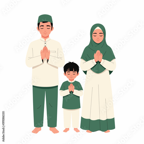 Muslim family praying together.