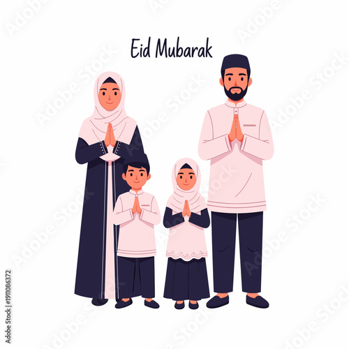 Eid Mubarak Muslim Family Praying Together.
