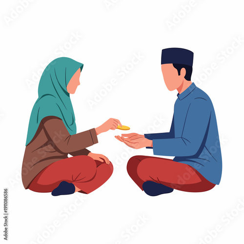 Muslim couple exchanging gift charity gesture.