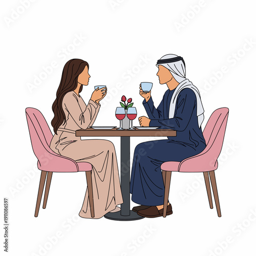 Couple dining together in traditional attire.