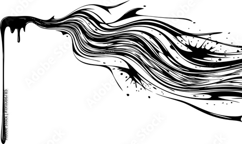 Abstract black ink splash and flowing dynamic liquid streaks creating a sense of movement and energy isolated on transparent background