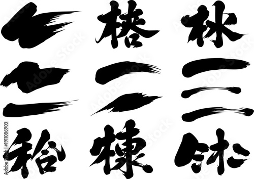 Collection of diverse black ink brush strokes and Japanese calligraphy characters isolated on white