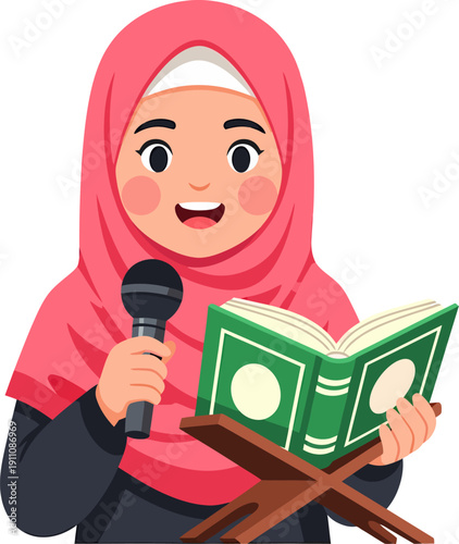Muslim girl reading Quran with microphone.