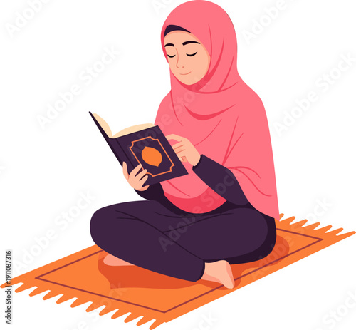 Woman in Hijab Reading Quran on Prayer Mat.
