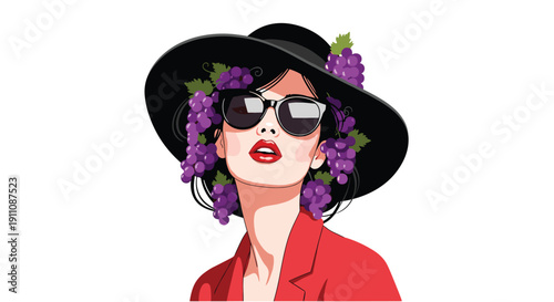 A stylish woman in a wide-brimmed black hat adorned with purple grapes and sunglasses, wearing a red jacket.