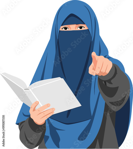Muslim woman in hijab reading and pointing.