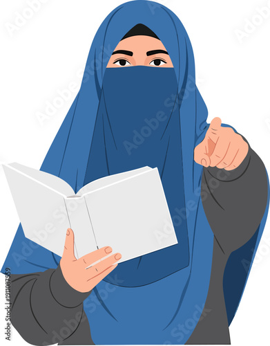 Muslim woman in niqab reading book.