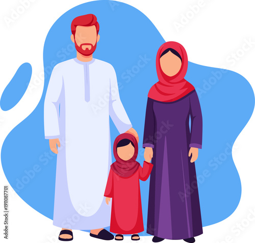 Muslim Family with Child in Traditional Clothing.