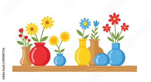 A vibrant collection of colorful vases filled with bright flowers is arranged neatly on a wooden shelf.