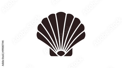 A simple black and white illustration of a seashell with ribbed details