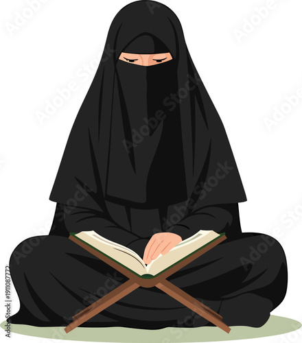 Muslim woman reading Quran Islamic prayer burqa niqab.