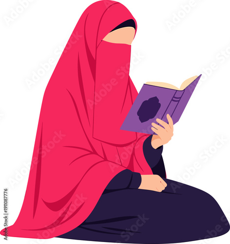 Muslim woman reading Quran in hijab.