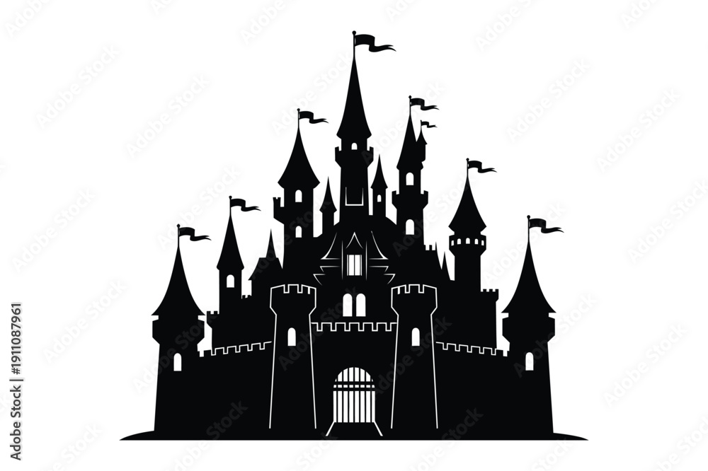 Fototapeta premium Fantasy Castle Silhouette with Flags