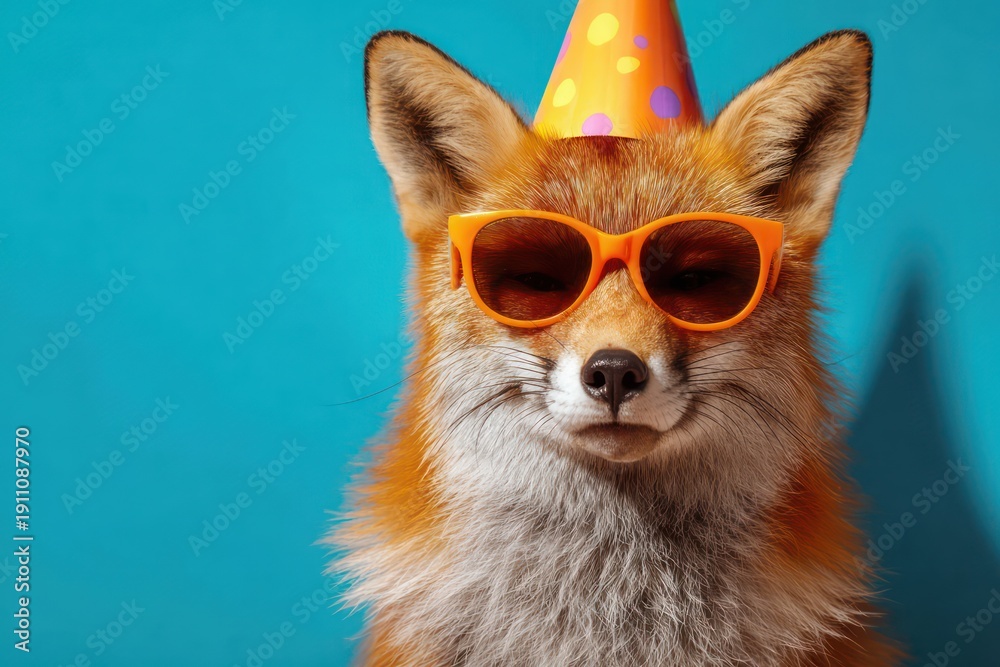 Fototapeta premium Fox in party hat and sunglasses background