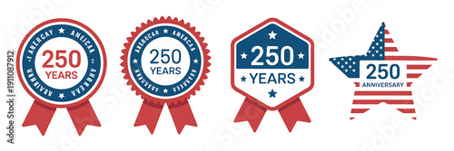 American 250th anniversary celebration badges and star shaped labels  ribbons and icons