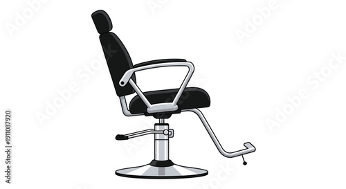 A black and silver barber or salon chair with adjustable features is shown in a reclined position.